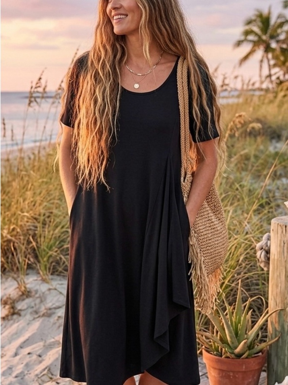 J. Jill Black Draped Midi Dress Soft light Short Sleeve Size Small (very roomy)